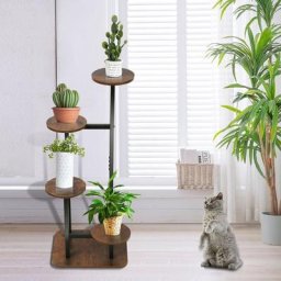 Tagère à Fleurs Fer+ bois ,Porte Plante Intérieur Extérieur Plante avec 4 Tablettes 403090CM rond