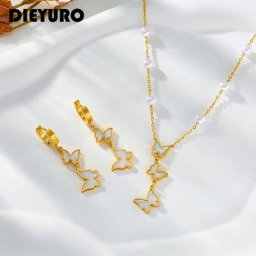 DIEYURO – collier et boucles d'oreilles en acier inoxydable 316L perles papillon pendentif pour