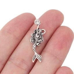 20 breloques tibétaines en forme de sirène avec strass argentés 32x10mm pour la fabrication de