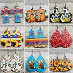 2022 en gros Croix En Forme De Larme Boucles D'oreilles En Cuir de Cowboy Occidental Drapeau
