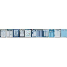 Frise décorative adhésive, série de cabines de Plage en bois banches et bleues typique, 10 cm x 300