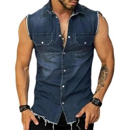 Chemise en Denim pour Homme Manteau à Simple Boutonnage Poches à Rabat et Pompon Collection Été