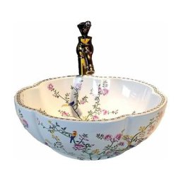 Vasque à poser, Lavabo moderne en céramique blanche pour salle de bain Motif fleurs et oiseaux