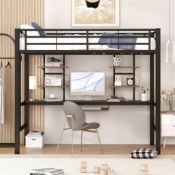 Lit mezzanine en métal 90x200cm pour enfants - Cadre de lit en fer lit surélevé avec bureau pour