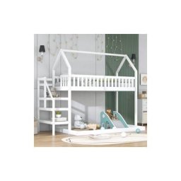 Lit superposé, lit cabane avec escalier, lit enfant avec protection antichute, cadre en pin, blanc
