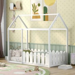Lit enfant, lit cabane, 80x160cm, lit cabane en bois massif, lit ludique en bois (blanc)