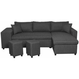 Canapé d'angle oslo convertible avec coffre et poufs en tissu - Gris foncé, Position du rangement