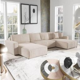 MARTINA - Canapé panoramique convertible avec coffre en velours côtelé beige - Beige