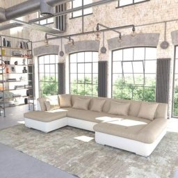 Giuseppe - Canapé d'angle droit panoramique convertible en tissu beige et simili blanc - Beige