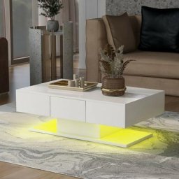 Table basse de salon avec deux tiroirs et éclairage led, blanc, 100x60x36cm