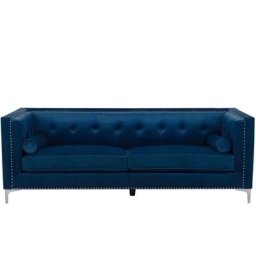 Canapé 3 Places Type Chesterfield en Velours Bleu Foncé Capitonné pour Salon Glamour et Design