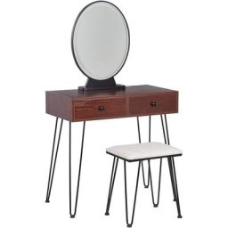 Coiffeuse Bois Sombre et Noir en Métal Polyester et MDF avec Tabouret et Miroir Loix - Bois foncé