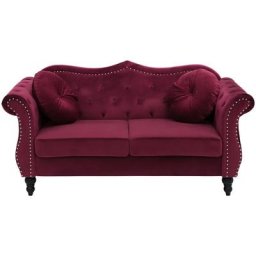 Canapé Type Chesterfield 2 Places en Velours Rouge avec Dossier Capitonné pour Salon au Style
