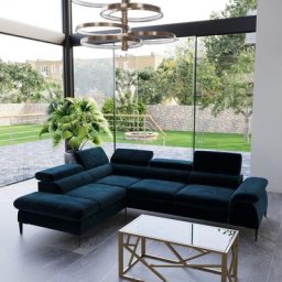 Dayan - Canapé d'angle convertible avec coffre de rangement en velours bleu dayan - Angle gauche