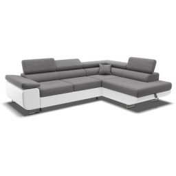 Canapé d'angle convertible avec coffre en tissu gris et simili blanc asher - Angle Droit - gris