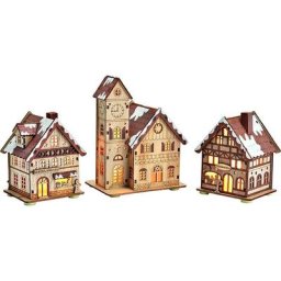 Village de Noël, Lot de 3 Maisons avec led en bois naturel 3 fois, (l/h/p) 9x12x8cm 12x16x9cm