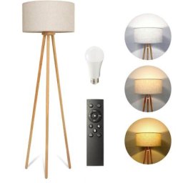 Lampadaire led Trépied en Bois pour Salon, Luminosité Réglable et Température de Couleur