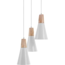 Lampe Suspension Moderne en Métal Blanc et Bois Clair E27 40W avec Abat-jour Triple Conique pour