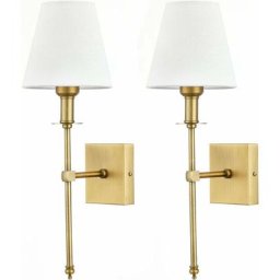 2 Pack Appliques Murales avec Abat-jour en Tissu Blanc, Lampe Murale Interieur Salle de Bain Métal