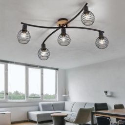 Spot plafond 5 flammes spots noir plafonnier plafonnier noir, accent bois, écrans cage, 5x douilles