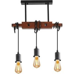 Marron Suspension en bois à trois têtes réglables pour un éclairage chaleureux et efficace