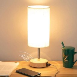 Lampe De Table De Chevet Avec 2 Ports De Charge USB, Lampe De Bureau En Bois (abat-jour En Tissu