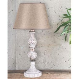 Cotecosy - Lampe à poser Regis H55cm Tissu Beige et Métal Blanc - Beige / Blanc