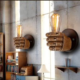Lot de 2 Applique Murale Rétro Design Forme Poing Lampe Intérieur en Métal Bois Luminaire de Main
