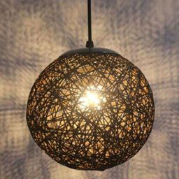 FDC - Noir Rétro Suspension Luminaire en Rotin Globe Rond 15cm , Lustre Abat-jour diy Lampe Plafond