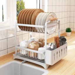 Goutoire Vaisselle Cuisine 2 Niveaux, Support à Couverts avec Égouttoir, Blanc