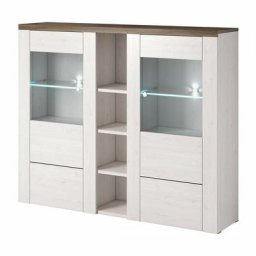 Vaisselier design 2 portes pour salon couleur blanc effet bois et chêne. Collection santiago.