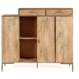 Commode haute bois de manguier naturel et pieds acier laiton mat Jonky 145 cm
