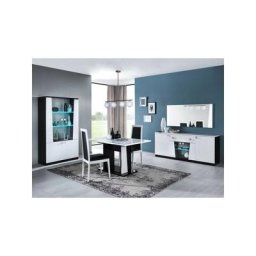 Salle à manger complete Laque blanc et noir brillant - lasina - Table de repas l 140/180 x l 90 x h