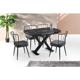 Table à manger extensible Barse Métal Noir et Bois Effet marbre Noir - Noir