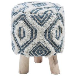 Petit Tabouret au Style Rustique et Bohème en Laine Blanc et Bleu et Pieds en Bois d'Eucalyptus