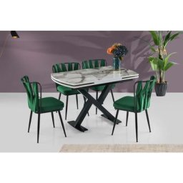 Table à manger extensible Barse Métal Noir et Bois Effet marbre Blanc - Blanc