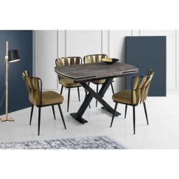 Table à manger extensible Barse Métal Noir et Bois Effet marbre Marron - Marron