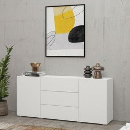 Buffet 140cm collection eva 2 portes et 3 tiroirs. Couleur blanc et chêne. - Blanc