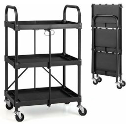 GOPLUS Chariot de Service Pliable et Repliable, Chariot Roulant à 3 Niveaux avec Roues