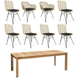 Table à manger en ancien teck recyclé fsc, 220cm + 6 chaises et 2 fauteuils en rotin naturel et