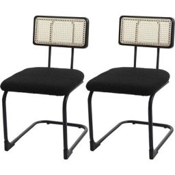 Lot de 2 chaises de salle à manger cuisine en bois rotin métal tissu/textile noir bouclé - noir