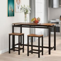LBF - Table de bar, bois de fer, table haute avec 2 chaises, foncé