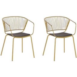 Lot de 2 Chaises Design en Métal Doré avec Assises en Simili-cuir Noir pour Salle à Manger Salon ou