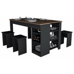 Table à Manger avec Rangement et 4 Tabourets Noir et Noyer - Noir
