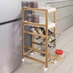 Bakaji - Desserte Cuisine Slim Gain de Place Bois Bambou 4 Étagères 2 Plateaux 2 Paniers Roulettes