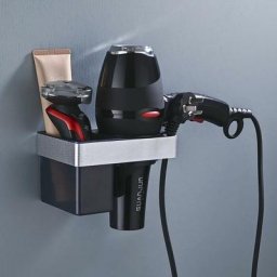 Porte Seche Cheveux Mural Adhesif, Support Seche Cheveux en Aluminium avec Rangement abs et
