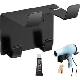 Porte Seche Cheveux sans Percage Noir Support Seche Cheveux Adhesif avec Deux Crochets Accroche