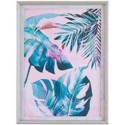 Tableau Affiche d'Art Motif Feuilles Bleus et Roses avec Cadre Assorti 30 x 40 cm Décoration Idéale
