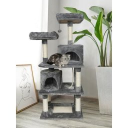 Arbre à chat, Griffoir+2 Niche Géant+Colonne en sisal+jouet+panier, Gris, Multi niveaux,60*48*145cm
