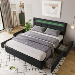 Cadre de lit avec éclairage led et 4 tiroirs, lit double rembourré 140x200 cm, tête de lit réglable